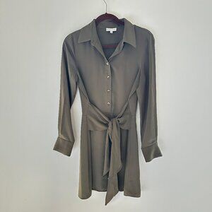 Gianni Bini Olive Green Button-Down Dress w/ Waist Tie – Long Sleeve
